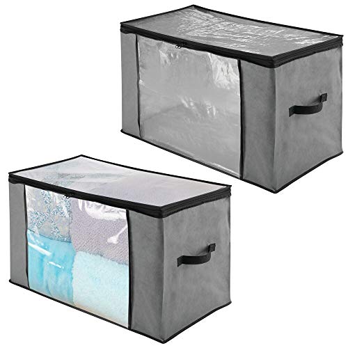 mDesign Juego de 2 cajas organizadoras de tela – Prácticas cajas para guardar ropa y ropa de cama – Sistema de almacenaje grande con cremallera y ventana de visualización – gris/negro