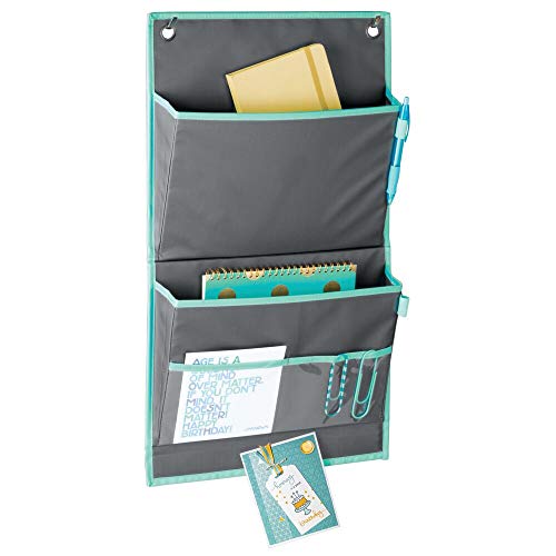 mDesign Organizador colgante para puerta – Práctico sistema de almacenaje en tela – Colgador de puerta con 2 grandes bolsillos e imán – Organizador de escritorio y oficina – gris/azul verdoso