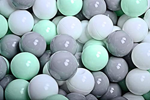 MEOWBABY 100 ∅ 7Cm Bolas Certificadas para Niños Bolas de Baño de Colores Bolas de Plástico para Niños Piscina Fabricadas en EU Menta/Blanco/Gris