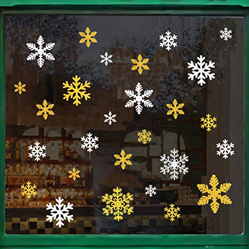 Naler 60 Copo de Nieve Pegatinas Ventana Decorativa Pegatinas con Purpurina para Ventanas Puertas de Cristal Escaparates (Plata y Dorada)