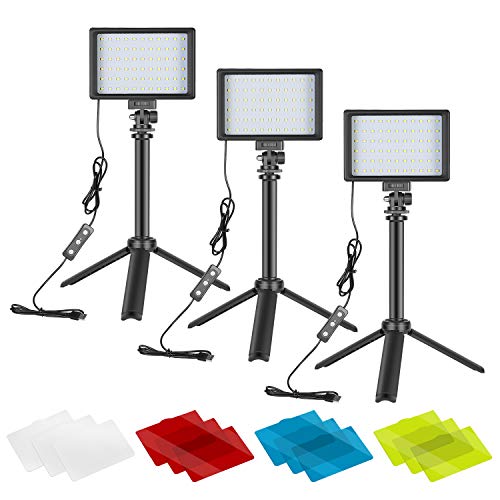 Neewer 3 Pack Kit de Iluminación para Fotografía Portátil Luz de Video LED Regulable 5600K USB 66 Luz de Video LED con Mini Soporte de Trípode Plegable Ajustable y Filtros Color para Grabación Estudio