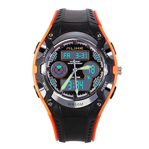 nicerio Alike AK9132 impermeable estudiantes niños Dual tiempo deportes LED cuarzo reloj de pulsera con fecha/alarma/cronómetro (naranja + negro)