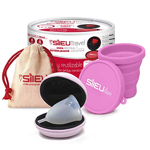 Pack Sileu Travel: Copa menstrual Rose - Modelo de iniciación - Talla S, Transparente, Flexibilidad Standard + Estuche de Flor Rosa + Esterilizador Plegable, Rosa