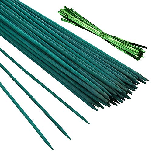 Pllieay - 50 varillas de bambú verde de 15 pulgadas, estacas de madera verde, varillas de soporte para plantas de flores con 100 lazos metálicos verdes