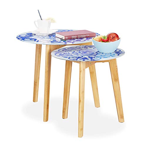 Relaxdays, Blanco-Azul, 40 & 50 cm Ø Set 2 Mesas Auxiliares con Diseño Floral, Bambú-Cristal
