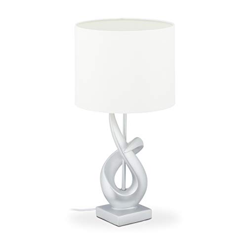 Relaxdays Mesa Moderna, Elegante, Pantalla de Tela, E27, lámpara de diseño, 50 x 25 cm, Color Plateado y Blanco