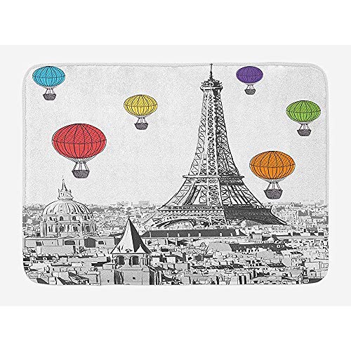 Ruan-Shop Alfombrilla de baño Paris, Torre Eiffel en Escala de Grises y Edificio Notre Dame con felpudos de Globos aerostáticos de Colores arcoíris