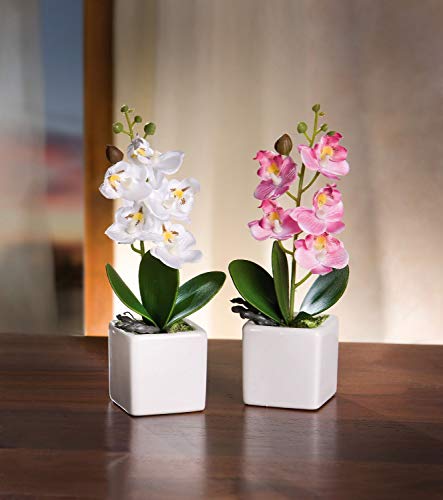 Serie de 2 macetas de orquídeas, planta sintética bien imitada, moldeable gracias al alambre de hierro, maceta de porcelana blanca