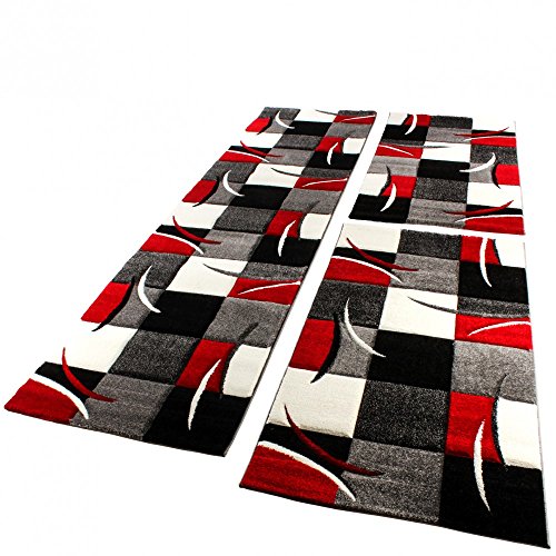 Set De 3 Alfombras para Dormitorio - A Cuadros - Rojo Gris Negro Blanco, tamaño:2X 80x150 1x 80x300