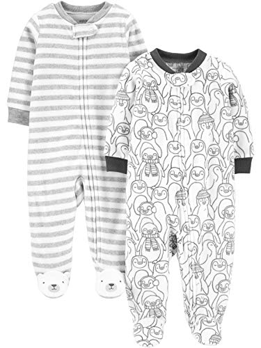 Simple Joys by Carter's 2-Pack Fleece Footed Sleep and Play Infant Toddler-Sleepers, Pingüinos/Rayas, 3-6 Meses, Pack de 2
