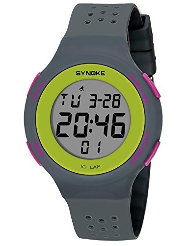 SYNOKE - Reloj Digital de Deportes Ultra-Delgado Hombre Mujer Reloj Luminoso LED Alarma Date Resistente al Agua 50m de Pulsera Transpirable Reloj Moderno Colorido para Adolescentes Estudiantes - Gris
