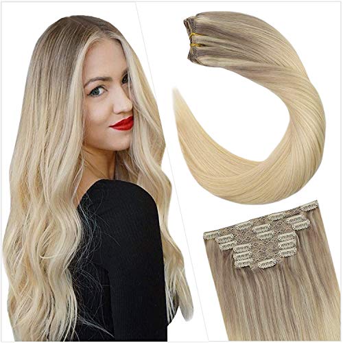 Ugeat 20 Pulgadas Clip in Extensiones Remy Natural #18/22/60 Blonde Balayage Ombre Nordic Natural Cabello Humano Soprano Clip in Extensiones Brasileno Cabello Humano Remy