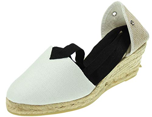 Valenciana Valenciana Zapatilla Alpargata Valenciana Yute Tradicional Fallera Cuña 4 Cuerdas Folclore Regional Cintas Negras para Mujer Blanco Talla 35