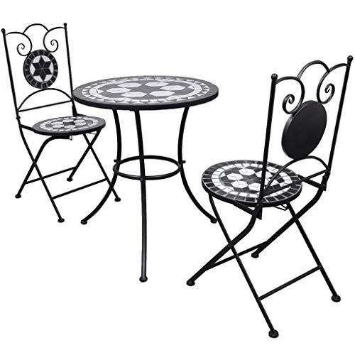 vidaXL Set Mueble Mesa Mosaico 60 cm y 2 sillas jardín Patio Color Negro Blanco