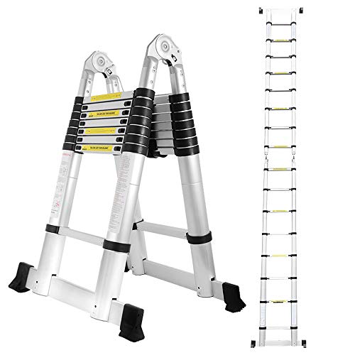 wolketon 5(2,5+2,5) M Escalera telescópica de Aluminio Fuerte Estabilidad Escalera plegable Escalera alta multifuncional para loft 8+8 Escalones Antideslizantes Carga 150 KG
