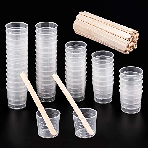 WXJ13 - Juego de 50 vasos graduados de plástico de 30 ml con 50 varillas de madera para mezclar pintura, manchas, epoxi, resina