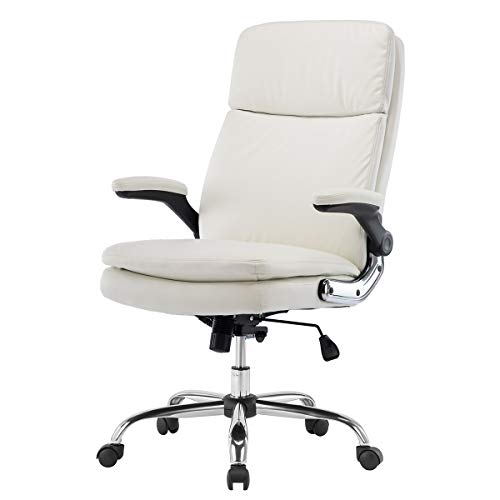 YAMASORO Silla de escritorio ejecutiva con cojín doble grueso, sillas de oficina con reposabrazos plegable (blanco)