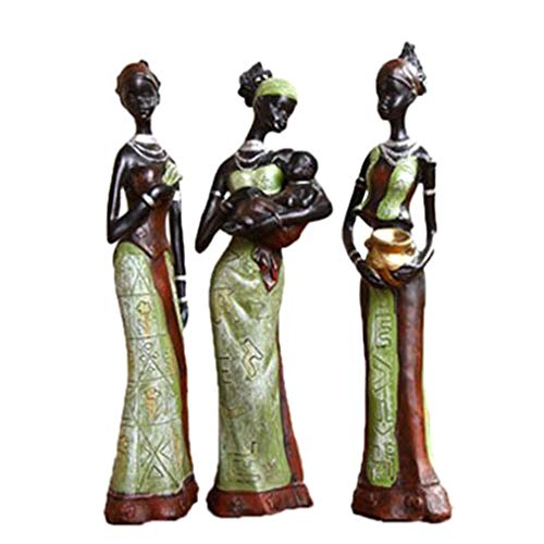ZYCX123 Tribales estatuas 3pcs / Set Mujeres africanas Mujer Africana Figurines Esculturas casa decoración exótica decoración para el hogar, Verde