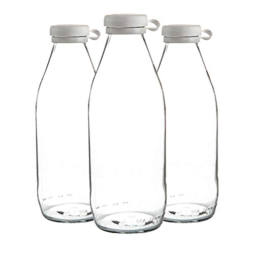 Argon Tableware Botellas de vidrio de leche con tapa de silicona - nevera grande de almacenamiento garrafa Decanter - 1 Litro - Pack de 3