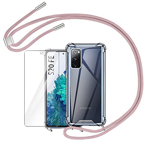 AROYI Funda con Cuerda Compatible con Samsung Galaxy S20 FE 4G/5G y Protector Pantalla, Carcasa Transparente TPU Silicona Case con Colgante Ajustable Cordón (Oro Rosa)