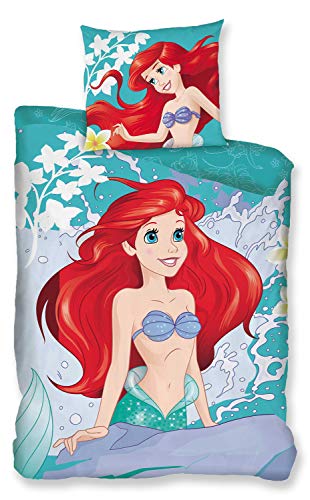 AYMAX S.P.R.L. - Juego de cama de Disney La Sirenita 100% algodón, funda nórdica de 140 x 200 cm y funda de almohada de 65 x 65 cm