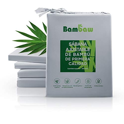 Bambaw Sábana Bajera de Bambú | Suave y Lujosa | Fitted Sheet | Tejido de Microfibra Bambu | Bed Sheets | Sostenible | Sábana Hipoalergénica | Transpirable | Gris - 180x200