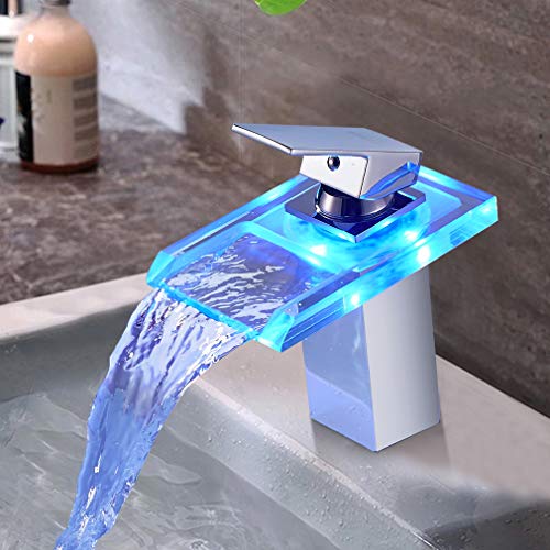 BONADE Grifo LED para baño con cascada, de cristal con 3 cambios de color, iluminación monomando, con sensor de temperatura