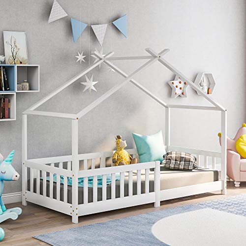 Bonita cama infantil de madera maciza con valla y somier, con protección anticaídas, para habitaciones infantiles y juveniles, color blanco