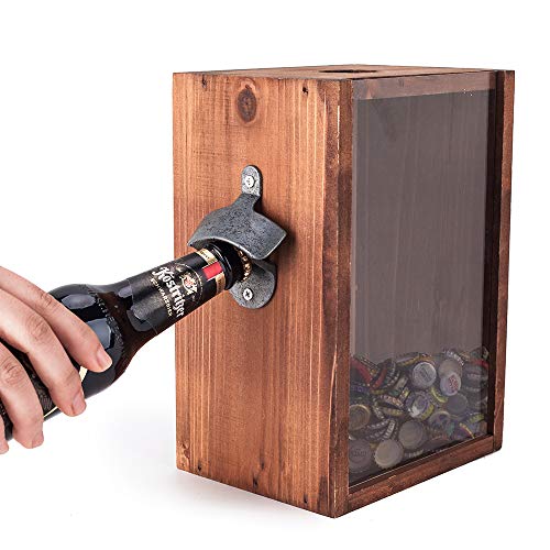 Caja de la tapa de la cerveza con el abridor de la botella Classic Rustic Wood Standate o la pared de la barra de metal de la barra de metal con el colector de la tapa de la cerveza