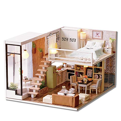 Casa de muñecas de madera hecha a mano con kit en miniatura, estilo dúplex con modelo de habitación y luz LED