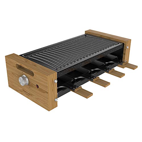 Cecotec Raclette Cheese&Grill 8200 Wood Black. Potencia 1200 W, Superficie Grill, 8 Sartenes individuales, Termostato regulable, Diseño extraíble