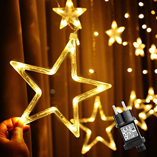 Cortina de Luces Navidad, Ulinek 2M 138LEDs Cadena Luz LED con 12 Luces Estrellas Luces Navidad Exterior Decoración 8 Modos Resistente al Agua Luce Decorativas para Habitación Interior Fiesta Boda