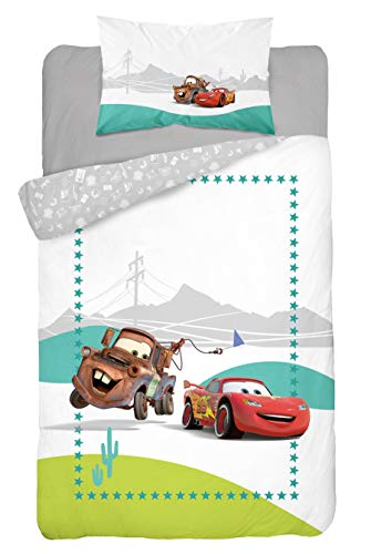 Disney Cars - Juego de ropa de cama infantil (2 piezas, funda nórdica de 100 x 135 cm y funda de almohada de 40 x 60 cm, 100% algodón), diseño de Cars