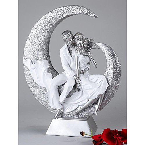 Escultura Moderna y exclusiva de Pareja en la luna, de cerámica, blanco/plata, Altura 40 cm