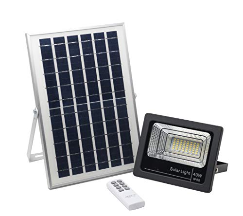 Foco Solar Led 40W, Panel Solar, Batería, Mando a Distancia, Luz Exterior Autonomía 8 - 15 Horas, Blanco - Neutro 4000K