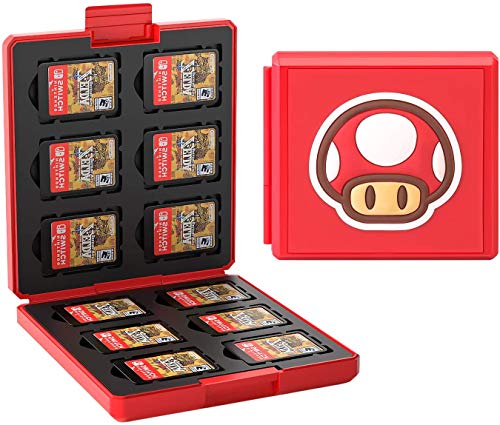 Genrics Funda de Juegos Compatible con Nintendo Switch con 12 Ranuras para Almacenamiento de Tarjetas de Juego y 12 Ranuras para Tarjetas SD, Estuche para Nintendo Switch Lite NS (Hongo Rojo)