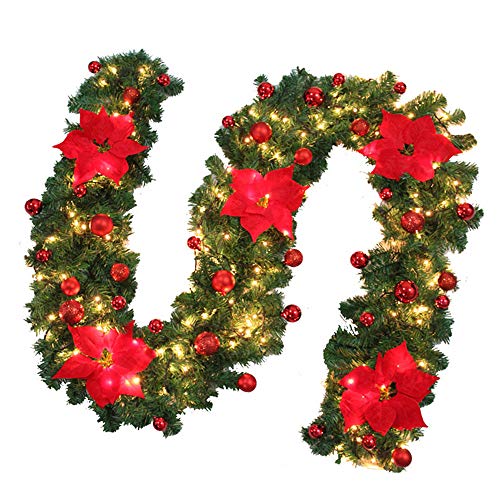 Ghopy - Guirnalda de Navidad de 2,7 m, siempre luminosa con luces LED intermitentes, caña Fai-da-Te, flor roja de Navidad, bola de bayas, chimenea, escaleras, decoración para puertas y ventanas (rojo)