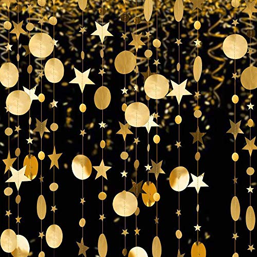 Guirnalda de papel dorada MOPOIN con estrellas redondas de 4 m con purpurina circular, guirnalda de papel para colgar en bodas, baby shower, cumpleaños, Año Nuevo, Navidad, hogar (oro + plata)