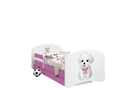 Happy Babies - CAMA INFANTIL ROSA DOBLE CARA CON CAJÓN Diseño moderno con bordes seguros y colchón de espuma anticaída 7 cm (19. Perro con arco, 190x90)