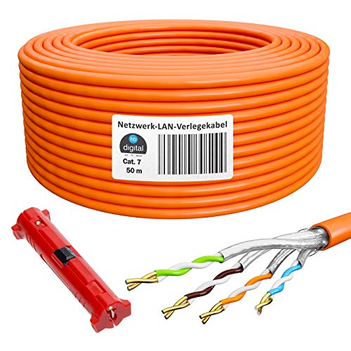 HB-DIGITAL 50 m Cable de red LAN, cat. 7, cobre profesional, incluye pelador (grande) S/FTP PIMF LSZH, sin halógenos, color naranja