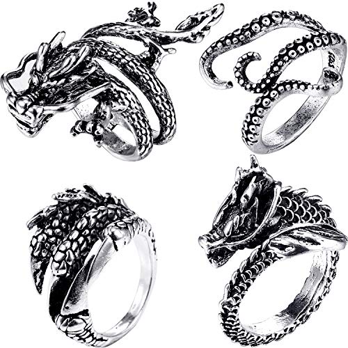 Hicarer 4 Piezas Anillos de Punk Vintage Anillo Ajustable de Acero Inoxidable de Pulpo Dragón Serpiente (Cuerpo de Dragón, Pulpo, Garra de Dragón, Cabeza de Dragón)