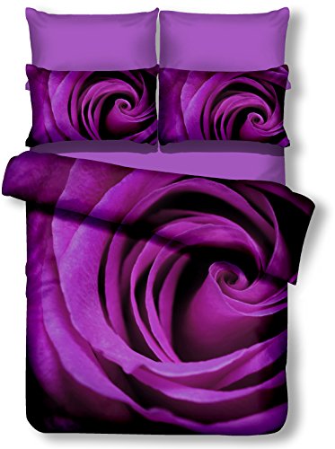 Juego de funda nórdica y funda de almohada de DecoKing de 80 x 80 cm, microfibra, diseño floral en 3D, color morado y rosa, microfibra, morado, 155 x 220 cm
