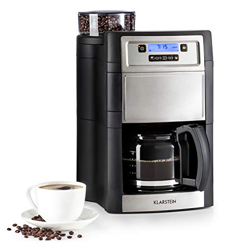 Klarstein Aromatica II - Máquina de café con molinillo cónico, 5 niveles, Jarra de cristal 1,25 L, Temporizador 24h, Filtro de carbón activo, Potencia 1000 W, Antigoteo, Display LED, Plateado