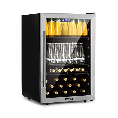 Klarstein Beersafe XL - Minibar, Nevera para bebidas, Refrigerador, Silencioso, Puerta de cristal, Iluminación LED, Acero inoxidable, Clase A+, 55 x 84 x 55,7/60,3 cm, Volumen 148 L, Negro