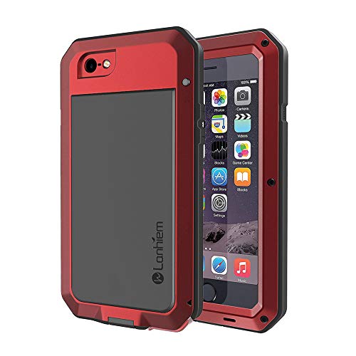 Lanhiem Funda iPhone 5S [Rugged Armour] Antigolpes Metal Estuche Protectora, Absorción de Choque y Duradera Fundas con Protector de Pantalla Vidrio Carcasa para iPhone 5 5s se, Rojo