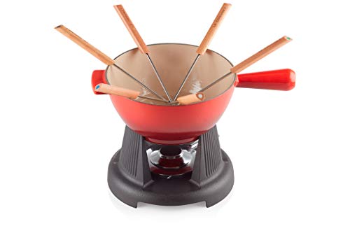 Le Creuset Set de fondue de hierro fundido, Con 2 asas, tapa antisalpicaduras, quemador y 6 tenedores para fondue, Volumen 1.6 L, Cereza