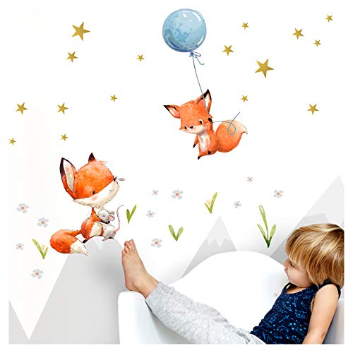 Little Deco Adhesivo decorativo para habitación infantil con 2 zorros I M – 92 x 102 cm (ancho x alto), diseño de zorro con globo de zorro y animales para habitación infantil DL360