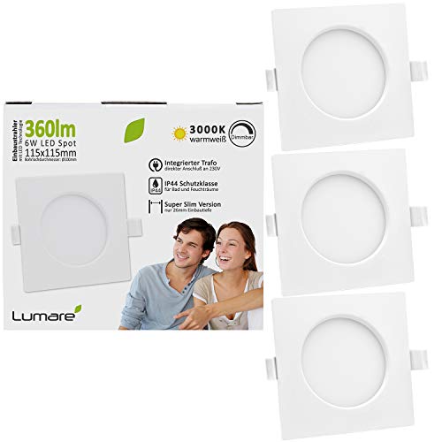 Lumare Foco LED empotrable regulable, 6 W, 360 lm, 230 V, IP44, ultraplano, juego de 3 unidades, para salón, cuarto de baño, blanco cuadrado, 26 mm de profundidad de montaje