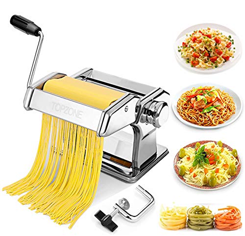 Máquina para hacer pasta de Topzone, máquina manual para pasta con manivela manual y accesorio para cortar la masa, 7 ajustes de rodillo ajustables para pasta fresca hecha a mano, espaguetis