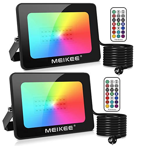MEIKEE Foco Led RGB 15W, Luz RGB Led de 16 Colores Iluminación, Lámpara RGB con 4 Modos Ajustable Exterior Impermeable para Jardín, Camino y Decoraciones Festivas - 2 PACK